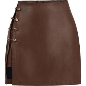 Milumia Women's Metal Decor Leather Short Skirt Side Slit Straight Mini Skirts (Brown) XS 