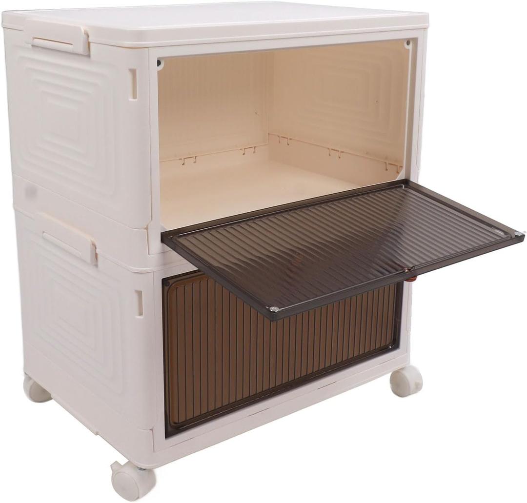 Lidded Storage Bins, 2 Opening Doors Movable Round Corner Storage Bins Large Capacity Non Deform with Universal Pulley for House Organizing (2 Layer)