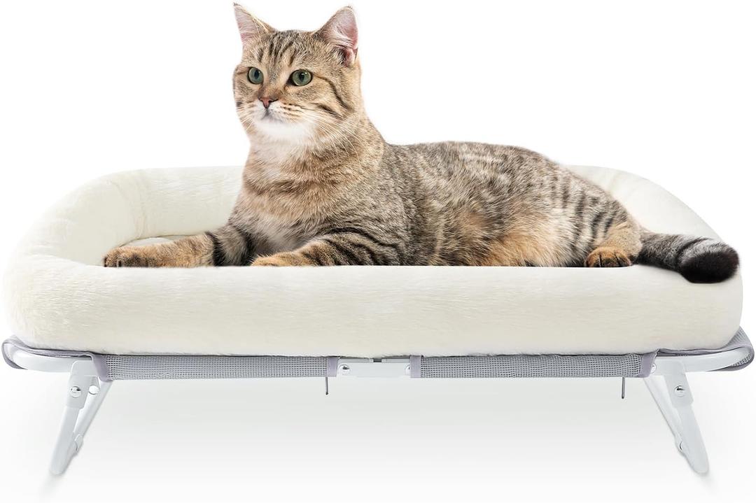 Sunhoo Elevated Cat Bed Foldable Raised Hammock For Small Dog Off Floor Indoor Puppy Kitten Cot Free Standing High Chair For Kitty Pet Outdoor with Metal Frame Washable Cover 25.2*15.75*7.48inWhite