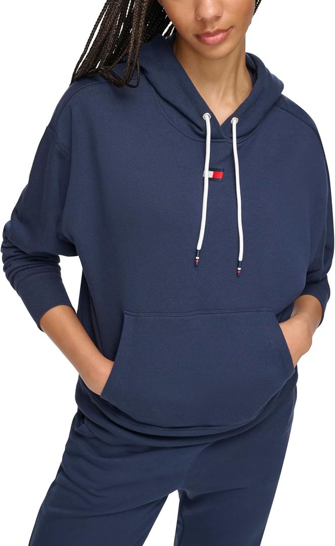 Tommy Hilfiger Women's Small Logo Flag Drawstring Hoodie Sweatshirt with Pocket (Navy) XS
