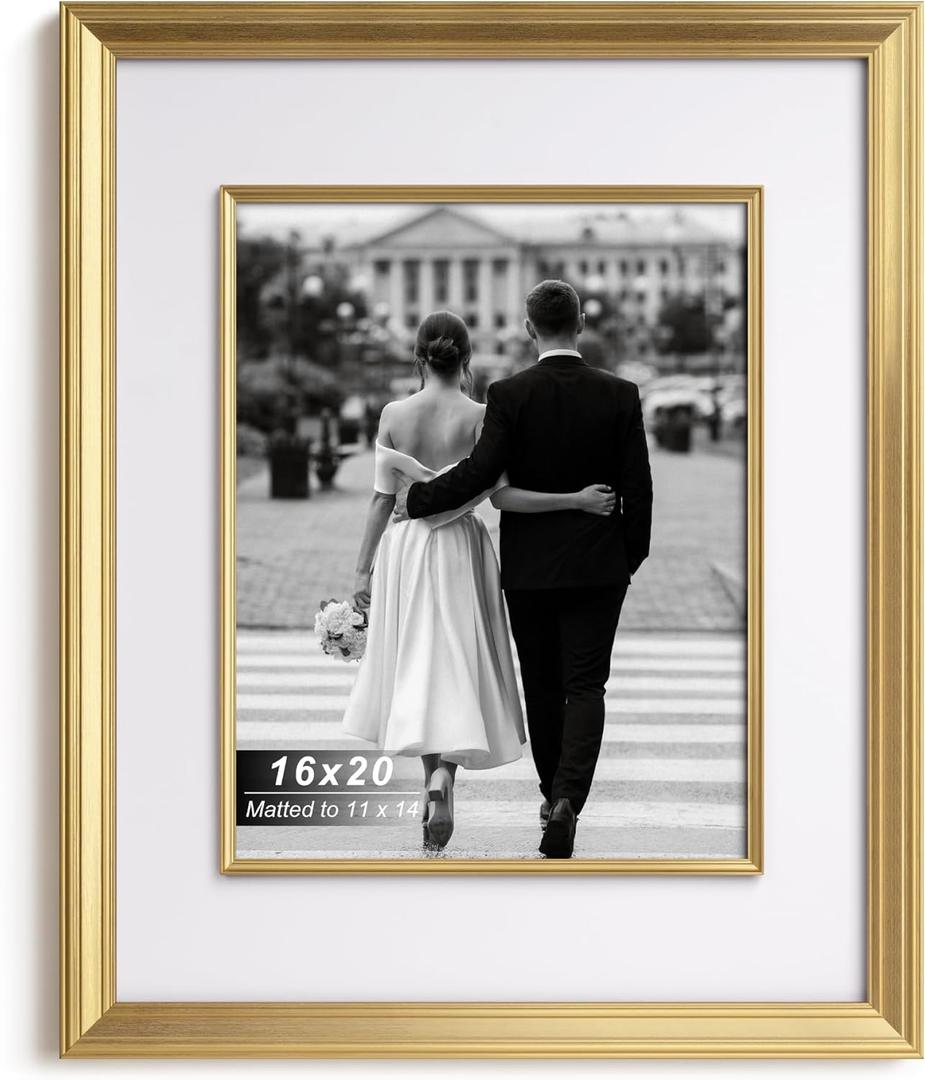 Yaetm 16x20 Gold Picture Frame with Decorative Inner Frame & Tempered Glass, Display 11x14 Photos with Mat on Wall - Portrait or Landscape - Ideal for Office & Home Dcor (Gold, Single)