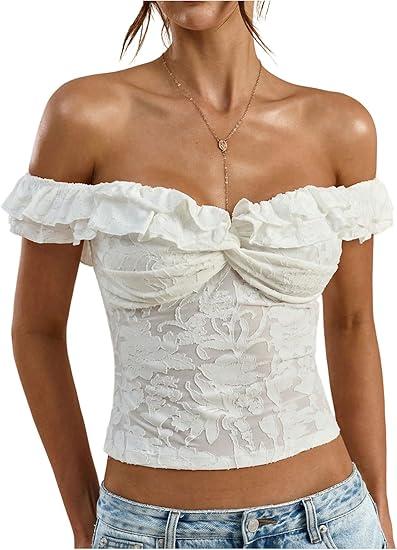 OYOANGLE Women's Floral Mesh Crop Top Jacquard Off The Shoulder Going Out Tops Ruffle Fitted Short Sleeve Tee Shirts White, Large