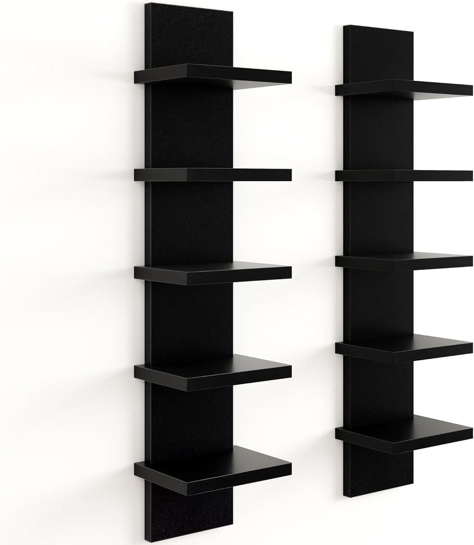Fun Memories 5 Tier Wall Shelf Unit, Decorative Wall Mount Vertical Shelving, Floating Storage Home Decor Organizer Tall Tower Design Utility Shelving Bedroom Living Room, Black , 2Pack