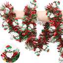50 FT Christmas Tinsel Garland Christmas Decorations with Snowman Ornament, Red Green Shiny Metallic Twist Christmas Garland for Xmas Tree Home Mantle Stairs Indoor Outdoor Holiday Party Decor