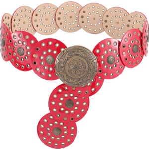 WERFORU Women Wide Western Disc Belt Cowgirl Boho Leather Belt for Jeans Dress (Red)