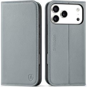 SHIELDON Real Leather Wallet Case for iPhone 17 Pro Max 6.9-inch 5G 2025 | Kickstand | RFID Blocking Card Holder | Magnetic Closure | Folio | Shockproof Protective Phone Cover | Gray