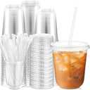 Ziliny 100 Sets Clear Plastic Cups with Lids and Straws, Disposable Iced Coffee Cups for Drinking, Cold Drinks, Juice, Smoothie, Pet Cup for Coffee Shops, Party, Christmas(14 oz)