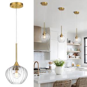 QianZhan Glass Pendant Light Kitchen Island, 7" Brushed Gold Modern Pendant Light Fixture Mini Farmhouse Ceiling Hanging Lighting for Dining Room Sink Bathroom Bar Restaurant