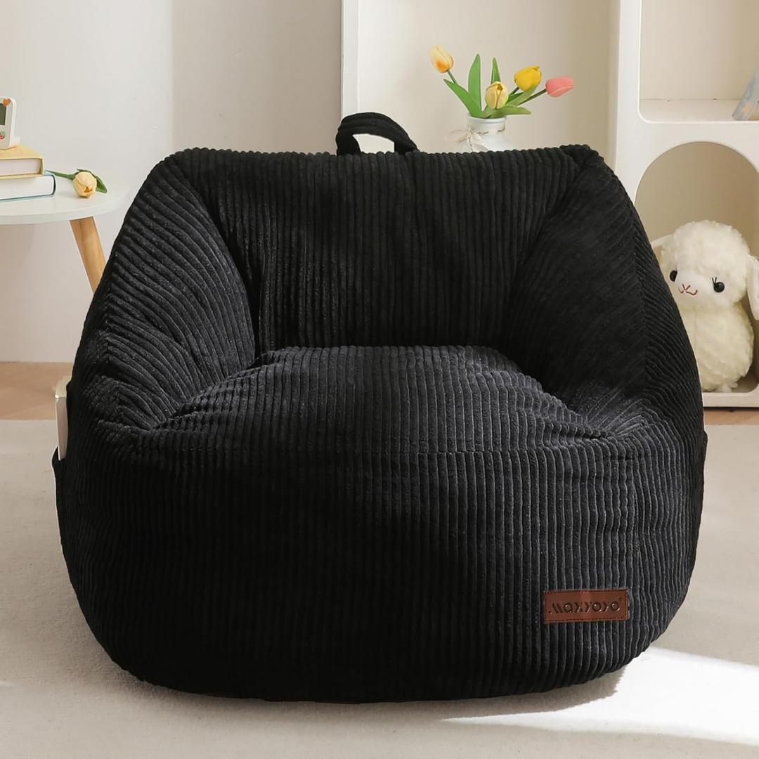 MAXYOYO Kids Bean Bag Chair, Bean Bag Couch with Handle, Comfy Toddler Chair for Boys and Girls, Accent Sofa Chair with Pocket for Gaming Reading Relaxing, Black