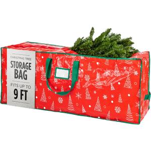 Christmas Tree Storage Bag - Stores 9 Foot Artificial Xmas Holiday Tree, Durable Waterproof Material, Zippered Bag, Carry Handles - Protects Against Dust, Insects and Moisture (Red Printed)