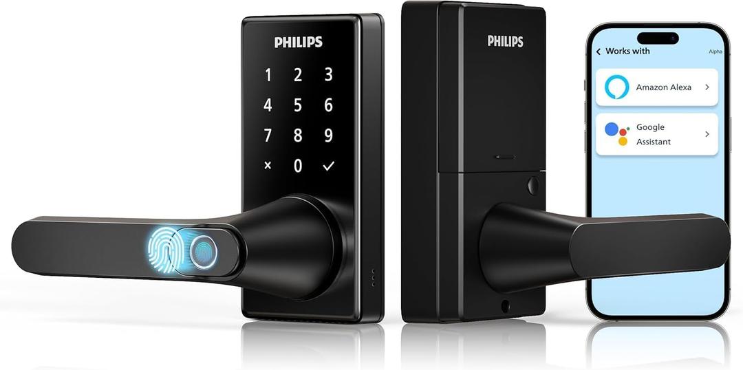 Philips Wi-Fi Smart Door Lock with Handle, Keyless Entry Door Lock, Fingerprint Door Knob, App Remote Control, Auto-Lock, Keypad Deadbolt with Lever for Front Door and Bedrooms, Security Easy Install