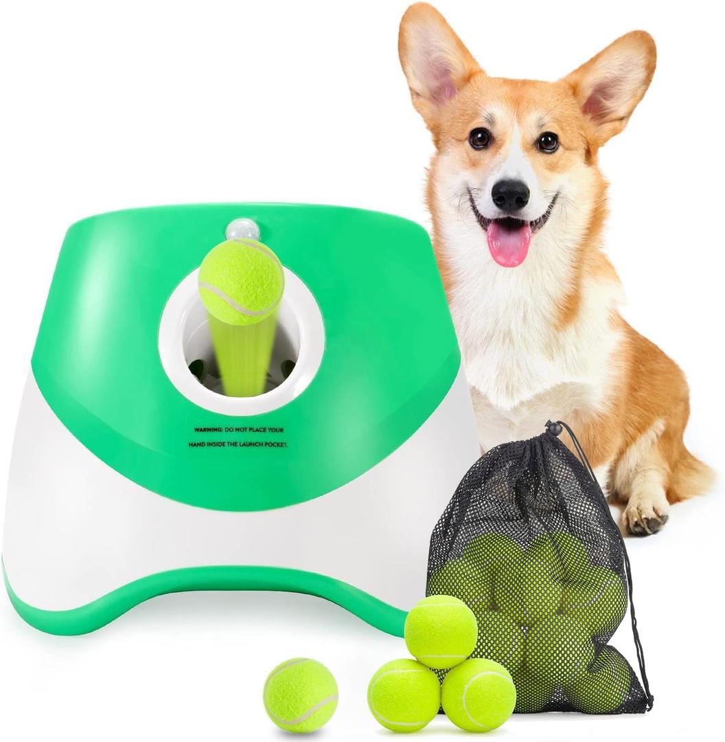 Automatic Dog Ball Launcher, Dog Ball Thrower with 15 Mini Tennis Balls Sizing 2 Inch and Mesh Bag, Interactive Dog Toys Tennis Ball Launcher for Small Dogs with 3 Distance Settings (Green)