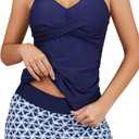 SHEKINI Women Tankini Set Bathing Suit Tankini Top with Skirt Two Piece Ruched Slimming Tummy Control Swimwear (Large, Navy Blue)