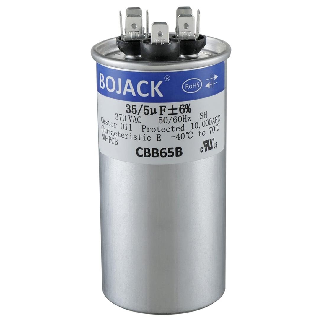 BOJACK 97F9834 35+5uF 35/5MFD 6% 370V CBB65 Dual Run Circular Start Capacitor for AC Motor Run or Fan Start or Condenser Straight BOJACK 97F9834 35+5uF 35/5MFD 6% 370V CBB65 Dual Run Circular Start Capacitor for AC Motor Run or Fan Start or Condenser Straight