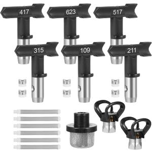 15 Pcs Airless Paint Sprayer Tips Set Includes 6 Reversible Spray Nozzle Tips with Spacer, 6 Airless Sprayer Filter, 1 Replacement Inlet Strainer and 2 Nozzle Guards