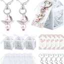 100 Pcs Baby Shower Favors for Girls, Angel Keychains Baptism Favor Boxes White Organza Bags with Drawstring Thank You Tags for Baby Shower Baptism Party Gift, 25 Sets (Pink) (multiple sizes)