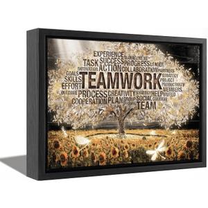 Framed Teamwork Tree Canvas Wall Art Inspirational Office Wall Decor Picture Motivation Positive Quotes And Sunflower Poster Print Painting for Living Room Bedroom Classroom Home Decoration