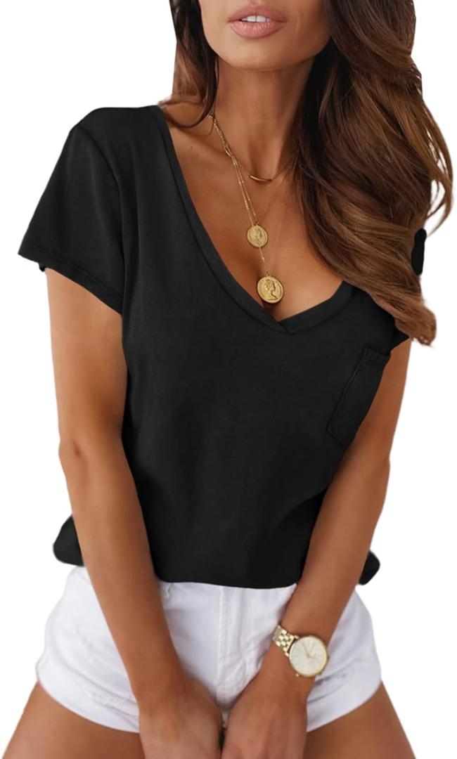 Eurivicy Women's Shirts Summer V-Neck Short Sleeve T-Shirts Casual Basic Plain Tee Tops with Pocket (Black, XXL)