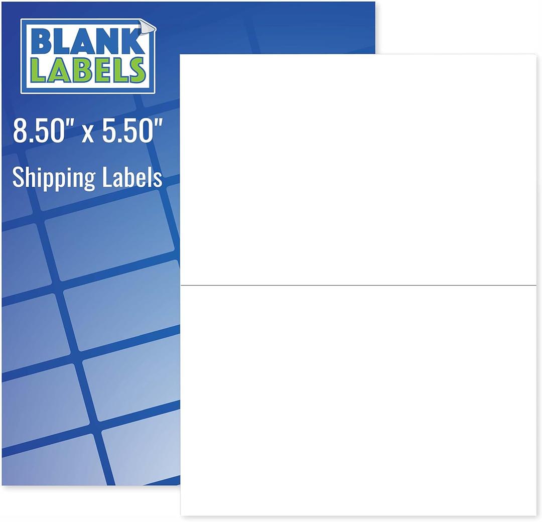 Blank Labels Half Sheet Shipping Labels, 5.5" x 8.5" (5-1/2 x 8-1/2) Permanent White Matte Label, Inkjet and Laser Guaranteed Made in USA- 50 Sheets - 100 Labels