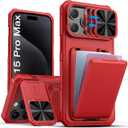 SSLOTSCASE for iPhone 15 Pro Max Case with Credit Card Holder & Stand & Slide Lens Cover & Kickstand, Multi Functional Wallet Sturdy Protective Phone Case Cover for iPhone 15 Pro Max 6.7'' 2023, Red