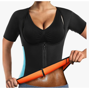 Women Sauna Sweat Vest with Sleeves Neoprene Fitness Shirt Workout Body Shaper Sport Tank Top L