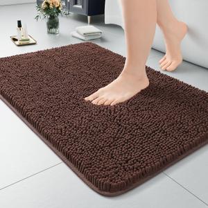 Luxury Bathroom Rug Shaggy Bath Mat 20 x 30 Inch, Washable Non Slip Bath Rugs for Bathroom Shower, Soft Plush Chenille Absorbent Carpets Mats, Brown