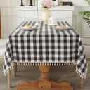 Laolitou Checkered Tablecloth Rectangle Washable Buffalo Plaid Halloween Table Cloth with Tassel Cotton Linen Gingham Table Cover for Picnic Kitchen Dining Room, Black and White, 102 Inch, 102" x 55"