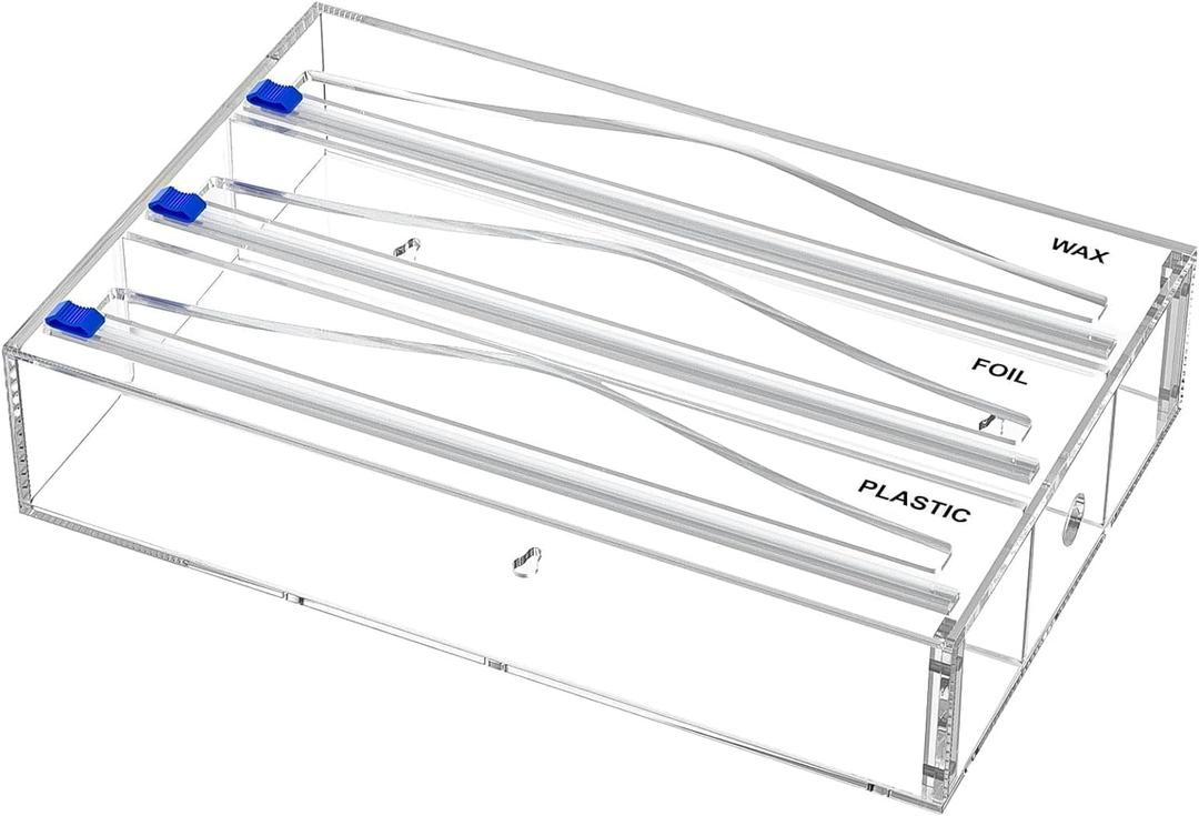 Tin Foil Organizer for Drawer with 12 Labels, Plastic Wrap Dispenser with Cutter, 3 in 1 Acrylic Aluminum Foil Holder, 2 Drawer Organizer for Kitchen Compatible with 12" Roll