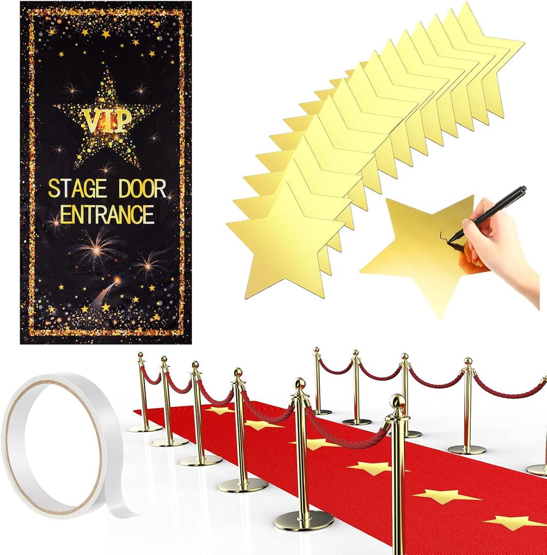 Timtin Red Carpet Runner for Party VIP Stage Movie Night 55gsm Thickness 2.62 x 14.5 ft Red Runner Rug Carpet 24 Gold Star Paper Cutouts Film Accessories Wedding Halloween Party Decoration Supplies