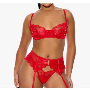 Forplay womens Thirst Strap Strappy Lace Bra and Garter Belt Lingerie Set,M