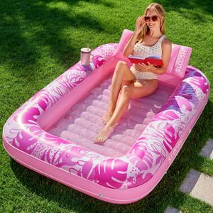 SLOOSH Inflatable Tanning Pool Lounger Float, 70" x 46" Pool Floats Adult with Pillow, 4 in 1 Suntan Tub Raft Floatie,Sunbathing Bed Lounge for Water Blow Up Kids Ball Pit Party Gifts, L-Hot Pink