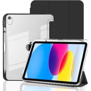 Case for iPad A16 11th Generation 11 Inch 2025, iPad 10th Generation 10.9 Inch 2022, Hybrid Protective Cover with Pencil Holder, Clear Transparent Back Shell Anti-Yellowing Case, Black
