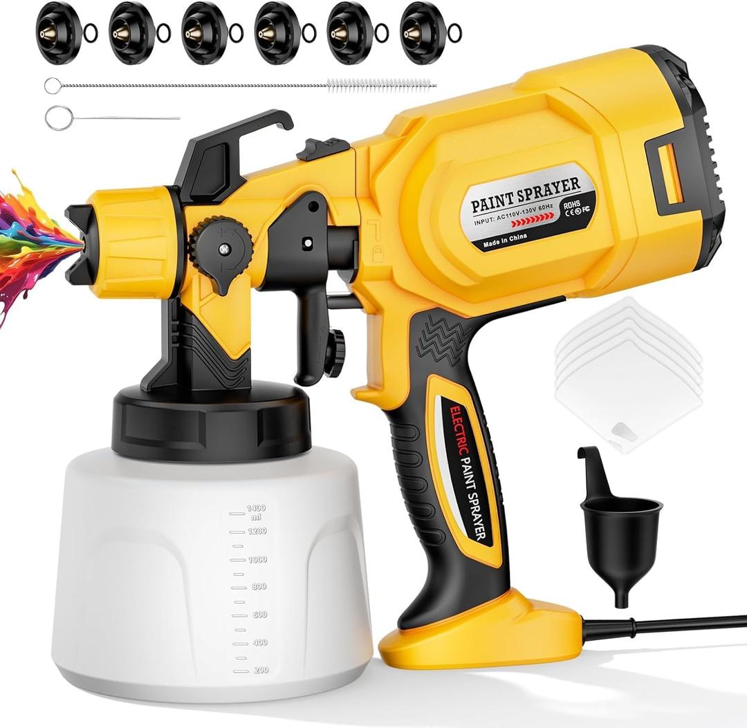 1000W High Power Paint Sprayer, HVLP Electric Spray Paint Gun with 6 Brass Nozzles & 3 Patterns, 1400ml Large Container, 1200ml/Min High Flow for House Painting, Cabinets, Furniture, Fence & DIY