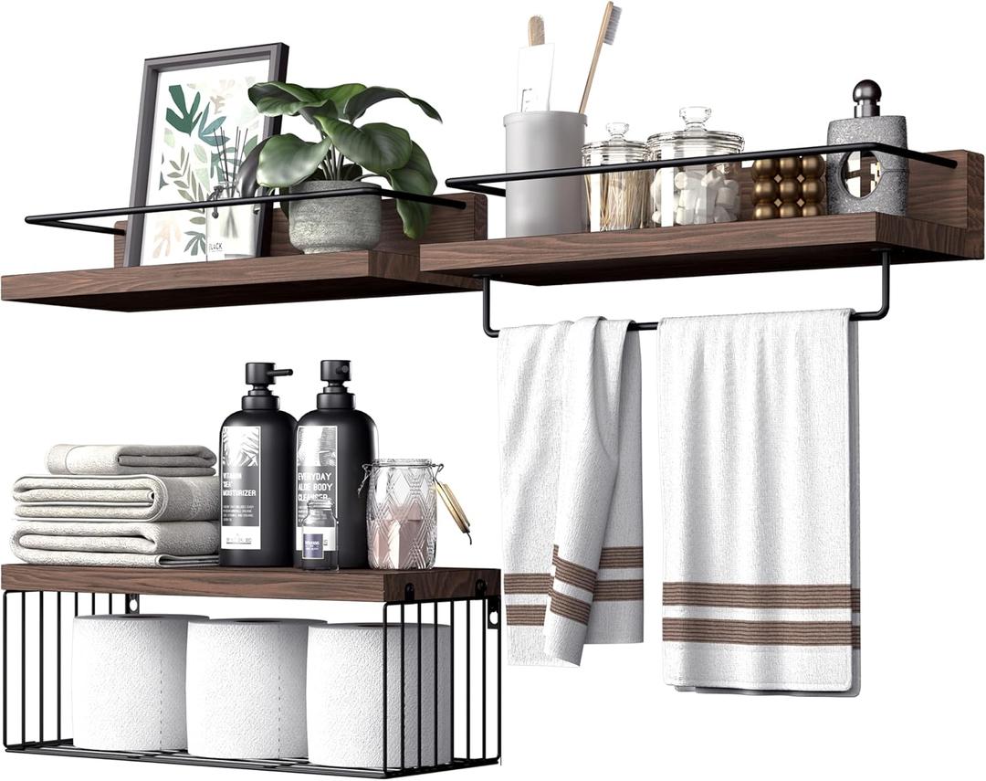 Bathroom Shelves Over Toilet for Wall, Floating Shelves with Storage Basket Paper Holer for Kitchen Living Room, Bedroom & Classroom, Set of 3 (Dark Brown)