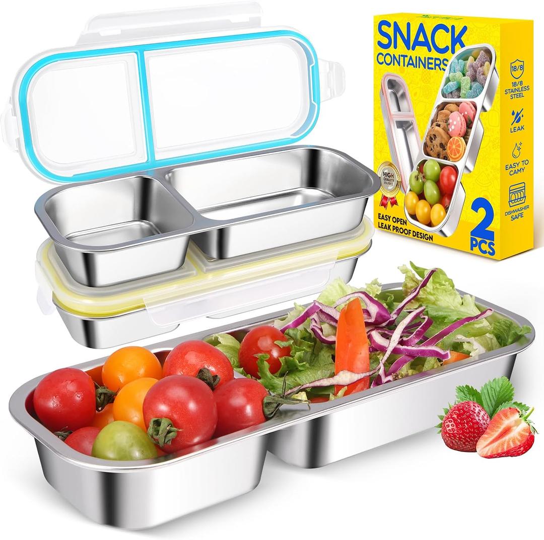 2Pack Stainless Steel Snack Containers for Kids Adults, Reusable 2 Compartment Snackle Box Container with Leakproof Lids Metal Bento Lunch Boxs Food Storage Containers for Travel Picnics Office School, 2 Compartment Blue Yellow
