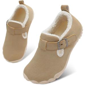 BARERUN Toddler Slippers Wide Waterproof House Shoes Fuzzy Suede Moccasin Slippers for Kids Barefoot Adjustable Indoor Outdoor Slip On Warm Winter Shoes (Beige)