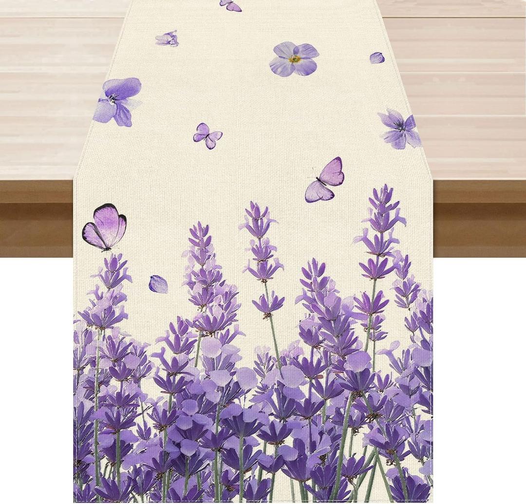 XCHI Watercolor Lavender Butterfly Spring Table Runner Summer Table Decoration for Party Home Kitchen Dining Holiday Decor 13x48 Inch