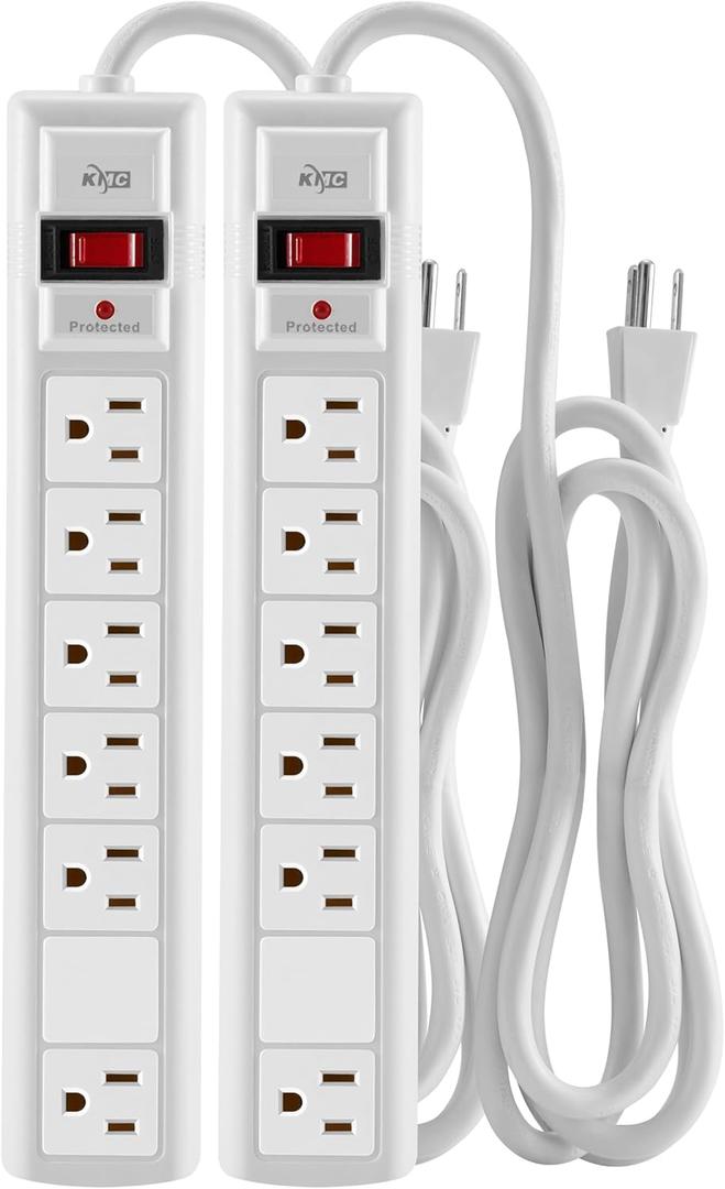 KMC 6-Outlet Surge Protector Power Strip, 2-Pack, 1200 Joules, 6ft Cord, Adapter Spaced Outlet, Overload Protection, White