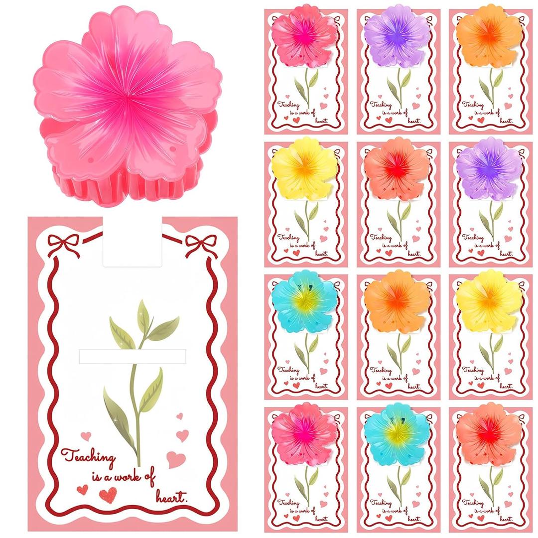 Zeyune 24 Pcs/12 Set Graduation Teacher Gifts Bulk Teaching Is a Work of Heart Set Flower Hair Clips with Appreciation Cards for Women Thank You Gifts for Teacher Appreciation Party Favors