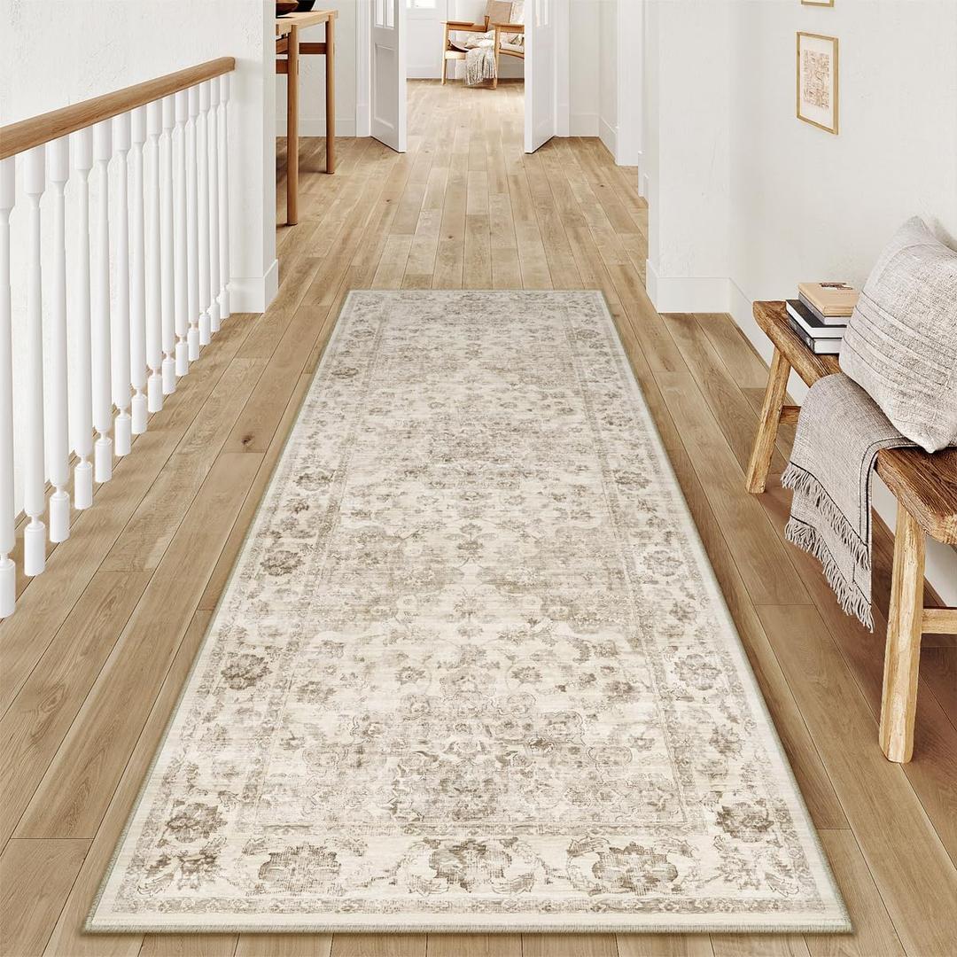 2x6 Washable Neutral Runner Rug Beige Vintage Hallway Kitchen Carpet Non-Slip Soft Low Pile Farmhouse Throw Rug for Bedroom Bathroom Laundry Living Room
