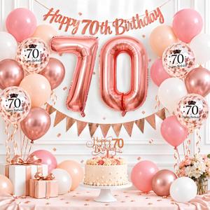70th Birthday Decorations Retro Pink Rose Gold, 70th Birthday Balloons Set