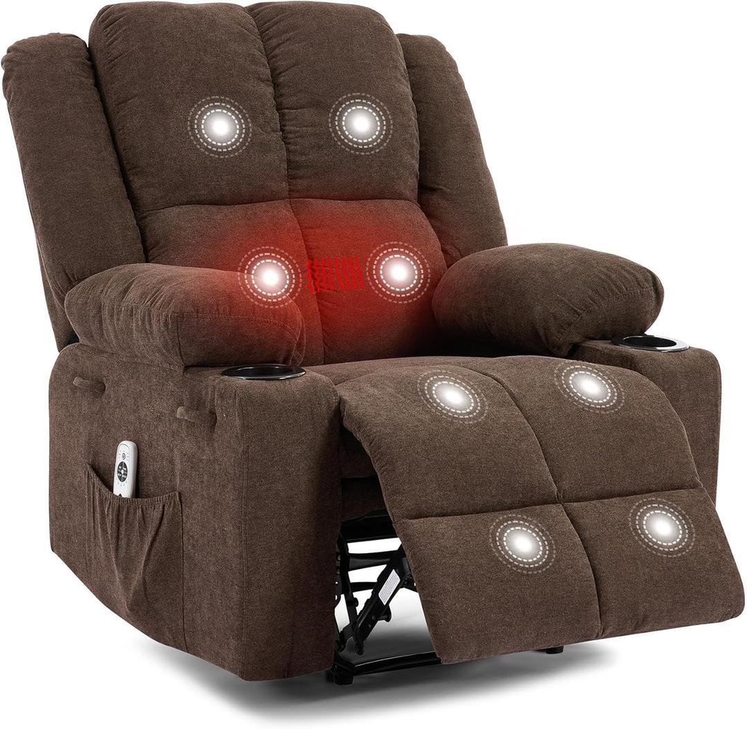 Manual Recliner Chair with Heating & Massage,Ergonomic Overstuffed Breathable Fabric Reclining Chair with Side Pockets,Q235 Steel Frame Lazy Boy Recliner Single Sofa for Living Room Bedroom (Brown)