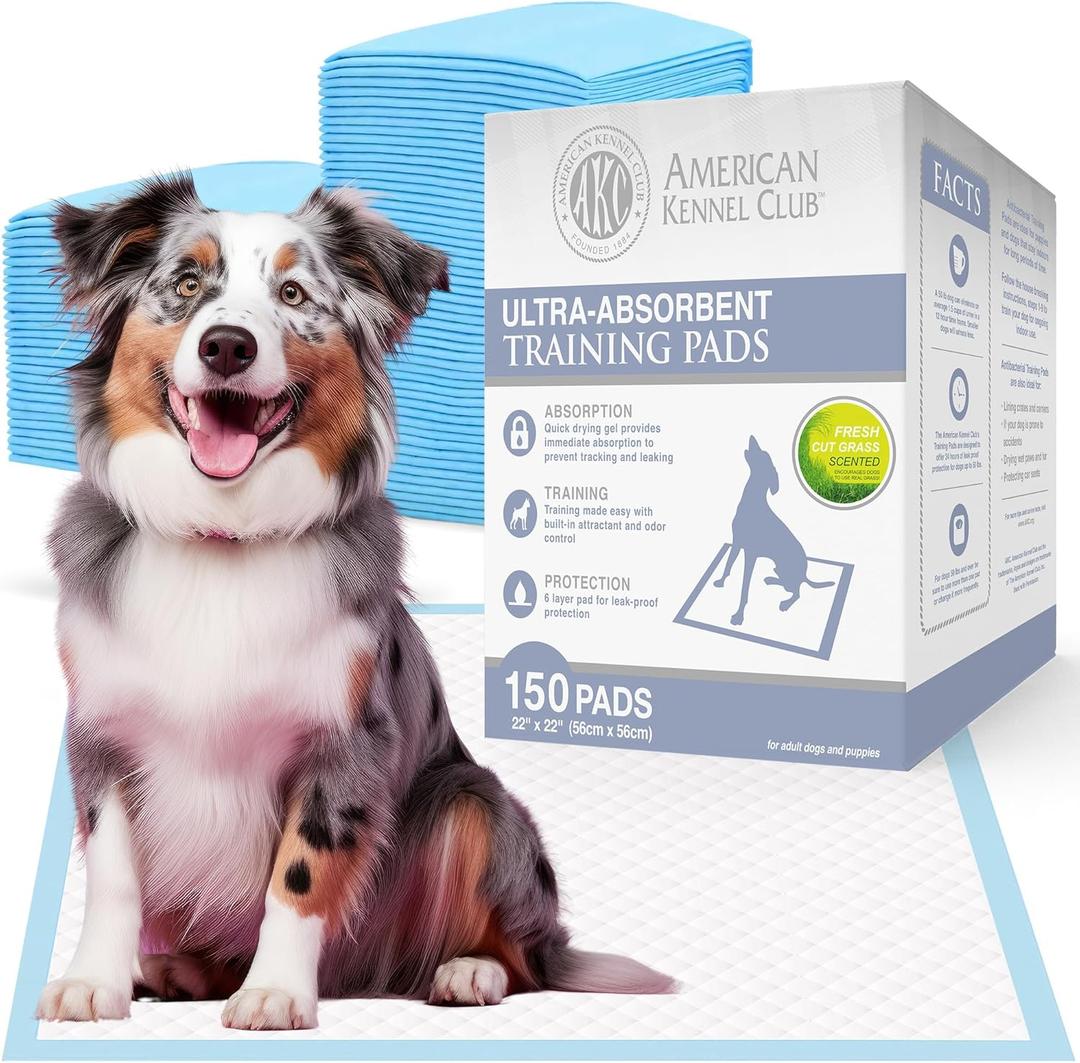 American Kennel Club Puppy Training Pads for Dogs, 150 Count, Fresh Cut Grass Scent, Absorbent Leak-Proof Dog Pee Pads in Box