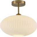 Mid Century Modern Brass Semi Flush Mount Ceiling Light Small Ribbed Milk Glass Flush Mount Ceiling Light Gold and White Flush Mount Light Vintage Hallway Lighting Fixtures
