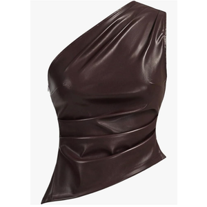 MakeMeChic Women's Faux Leather One Shoulder Sleeveless Y2k Tank Top Asymmetrical Ruched Tops,L