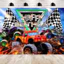 Truck Themed Birthday Party Supplies Backdrop 7Wx5H Monster Boys Kids Happy Birthday Background Photography Jam Burning Flame Car Grave Digger Party Decorations Banner Photo Booth Props