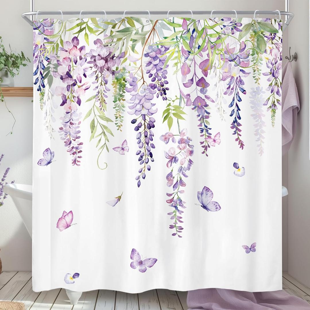 Riyidecor Purple Lavender Shower Curtain 72Wx72H Inch Lilac Spring Floral Wisteria Botany Rustic Green Leaves Watercolor Butterfly Women Girls Bathroom Decor Fabric Polyester Waterproof 12 Pack Hooks