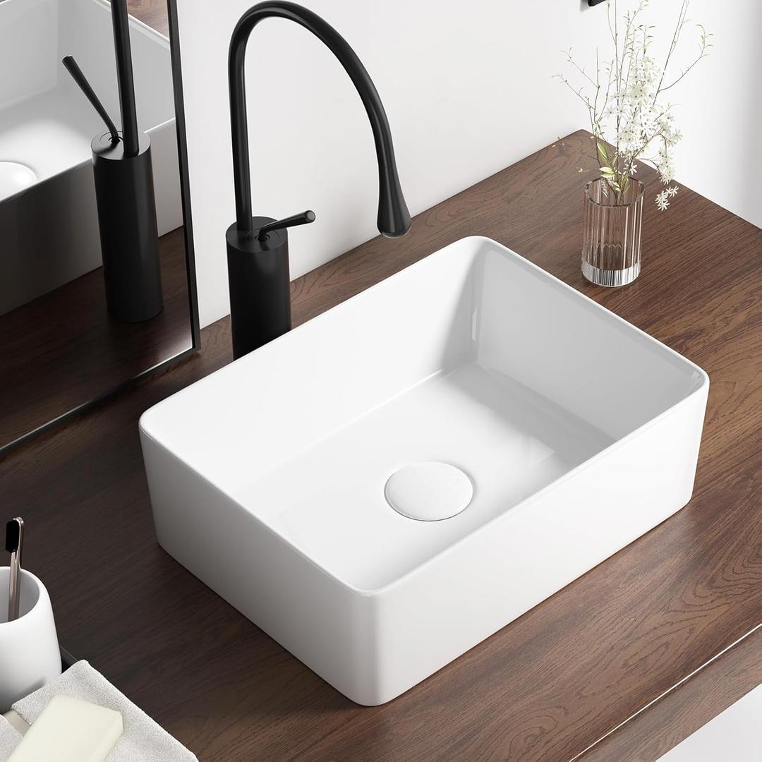 16 Inch Rectangular Bathroom Sink Above Counter, QISHKA White Ceramic Vanity Vessel Sink - 16" x 12" Countertop Rectangle Hand Wash Sink Small Porcelain Art Basin