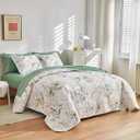 Joyreap 3 Pieces Microfiber Quilt Set, Botanical Green Leaves on White Reversible Design, Bedspread Bed Cover for All Season, 1 Quilt and 2 Pillow Shams (Full/Queen, 90x90 inches)