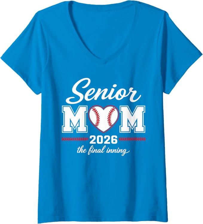 Women's Baseball Senior Mom 2026 Final Inning Baseball Mama Senior V-Neck T-Shirt S